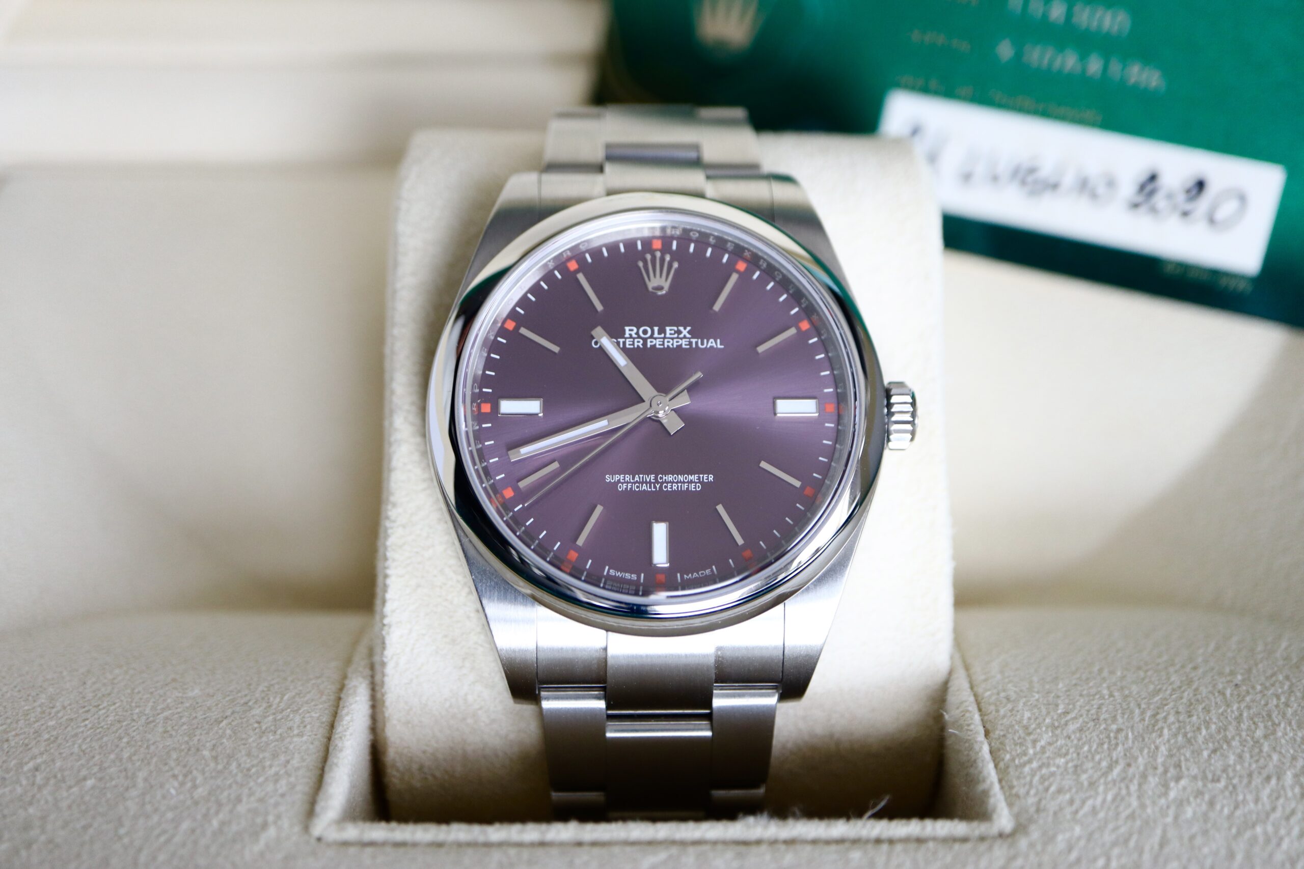 ROLEX OYSTER PERPETUAL PURPLE DIAL 2020 39MM 114300 “WORN” RARE NEW CARD